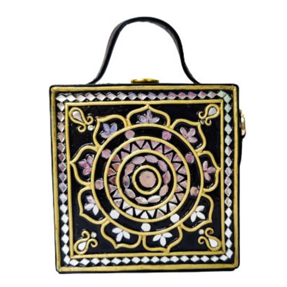 Handmade Vegan Leather Black Lippan Mirror Sling Bag